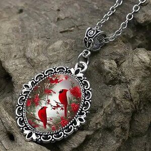 Silver Oval Shaped CARDINAL Red Bird Pendant Necklace